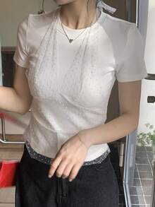 DAZY 韩版女式波点网纱系带二合一短袖T恤，春夏百搭 - 白色 - 查看 8