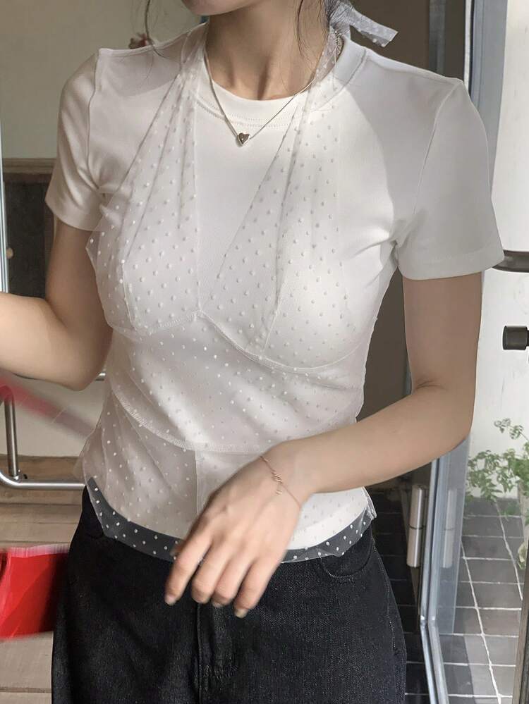 Women's Korean Style Polka Dot Mesh Tie-Up 2 In 1 Short Sleeve T-Shirt, Versatile For Spring And Summer