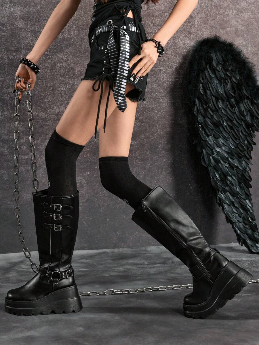 Sugerpunk 女士时尚厚底搭扣过膝长靴 - 黑色 - 查看 1