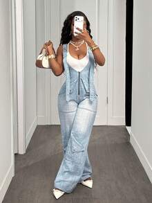 Slaydiva Quần yếm denim wash thời trang dành cho nữ - Rửa nhẹ - Xem 6