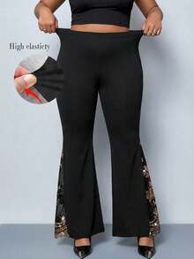 SHEIN Clasi Quần ống loe thêu sequin thời trang cỡ lớn dành cho người đi làm, quần đen thanh lịch, quần xuyên thấu, quần sequin, quần đen vàng, quần kín đáo, quần mùa hè cho nữ, quần mùa hè cho nữ, kỳ nghỉ xuân, quần mùa xuân cho nữ, lễ tốt nghiệp cho mẹ, lễ kỷ niệm, kỳ nghỉ cho nữ, kỳ nghỉ hè cho nữ, kỳ nghỉ hè, quần ống loe cho nữ, quần ống loe đen, quần ống chuông - màu đen - Xem 2