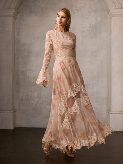 MOTF Soiréza 优雅圆领长喇叭袖雪纺长款派对礼服 – 蕾丝拼接紧身胸衣和独特的薄纱蕾丝拼接裙摆，修身剪裁 | 适合派对、盛会、新年夜和正式场合，春季夏季连衣裙