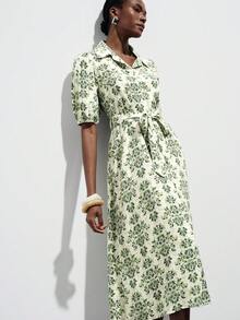 Aveloria Modichic Rochie elegantă de damă pentru navetă, zi de zi și vacanță, cu imprimeu minimalist, rever, mânecă bufantă, talie strânsă și nasturi în față - Verde - Vizualizare 7