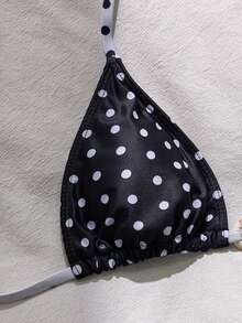 Swim Mod Summer Vacation Colorblock Polka Dot Print Tie-Dye Oval Accent Swimwear Top - Black and White - View 4