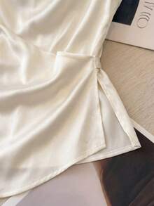 Franclia 女士优雅纯色垂褶领交叉裹身T恤，夏季 - 杏色 - 查看 4