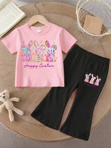 Conjunto de camiseta con estampado de conejito de Pascua y pantalones acampanados para niña - Multicolor - Ver 4