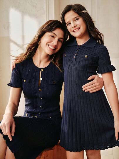 Anewsta Elegant Solid Color Knitted Heavy-Weight Perforated Twist Rope Aran Cable Knit Long Sleeve Frill Trim Buttoned Pleated Mermaid Hem Girls Sweater Dress, Suitable For Autumn, Winter, Formal, Party, Fashionable Occasions