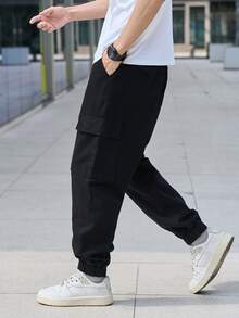 Manfinity Homme Men's Casual Solid Color Cargo Jogger Jeans - Black - View 3