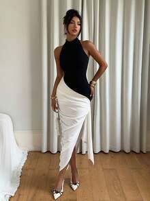 Siren Gaze Siren Gzae Elegant Long Dress White Dress Summer Dress Women's Elegant Dress With Halter Neck, Ruched, Slit, And Flowy Tie Design, Suitable For Parties And Events - Black and White - View 4