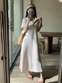 DAZY Đầm maxi nữ màu trơn cổ ve áo tay ngắn kiểu dáng thường ngày, thích hợp đi làm. - Màu be - Xem 4