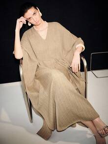 Lumivelle Women's Spring/Summer Fashion Long Dress, High-End Unique Linen Cotton Striped V-Neck Dress - Khaki - View 7