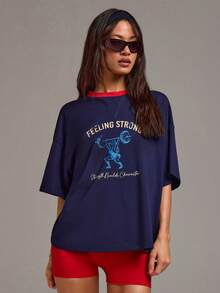 Athîral 女士字母和图案印花圆领落肩休闲宽松T恤 - 彩色 - 查看 1