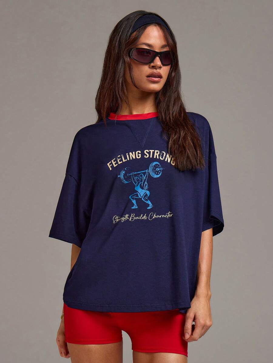 Athîral 女士字母和图案印花圆领落肩休闲宽松T恤 - 彩色 - 查看 1