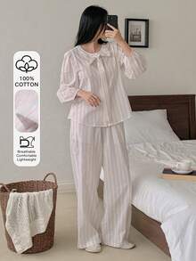 DAZY 2pcs Elegant Tie Bow Collar Striped Women Pajama Set, Autumn - Baby Pink - View 6