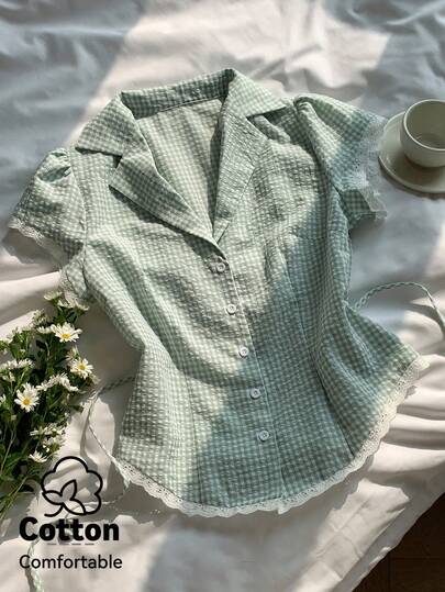 SHEIN EZwear Plus Size Women Plaid Lace Patchwork Single-Breasted Casual Versatile Daily Wear Shirt