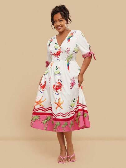 Travachic Plus Size Women V-Neck Crab & Starfish Print Ruched Waist Elegant Party Dress Boho Style Women, Resort Outfit For Women, Island Holiday Outfit, Havana Outfit, Summer Outfit, Spring Outfit, Beach Outfits,Tropical Outfit, Mexican Style