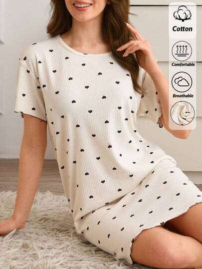 SHEIN Cotton Rib Knit White With Contrast Colour Black Heart Pattern Round Neck Short Sleeved Long Contrast Colour Stitch Detail Homewear Comfort Casual Nightgown Homewear Women Sleep Dress