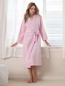 Ocili Women's Plaid Long Sleeve Robe With Belt - Pink - View 7