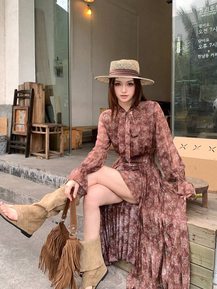 Women's Tie-Up Korean Style Mid-Length Dress Boho