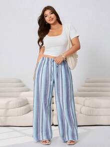 Solflare Pantalones de pierna ancha con bolsillos y cintura con lazo a rayas para mujer de talla grande, para primavera/verano - Multicolor - Ver 4