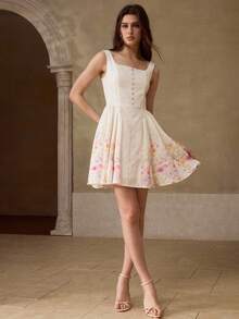 MOTF PREMIUM WOMEN'S ROMANTIC FLORAL PRINTED SHORT DRESS - Beige - View 7