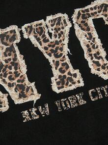 Muchica Plus Size Women Leopard Print Letter Graphic Ruched Casual T-Shirt - Black - View 7