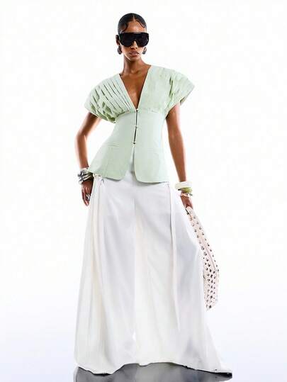 LYSMO 2026 New Arrive Minimalism Spring/Summer Women's Pleated Waist Cap Sleeve Blouse