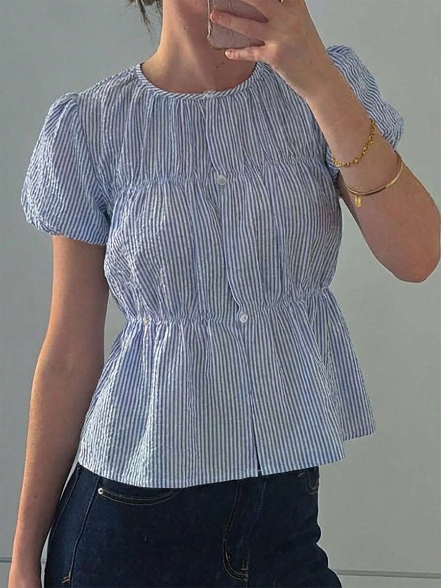 Aloruh Blusa casual versátil de uso diario con pliegues a rayas para mujer, camisa a rayas azul y blanca, apta para Pascua, Carnaval, negocios, oficina, salir, maestros, elegante