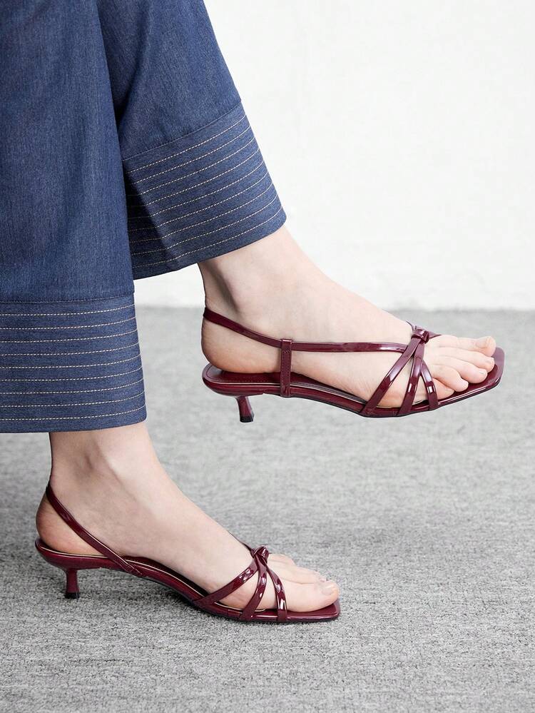 CUCCOO BIZCHIC Women Shoes Spring And Summer New Burgundy Stripe Open-Toed Women's Middle Heel Sandals Simple, Stylish And Comfortable Daily Versatile Commuter Women's Sandals Women's Shoes