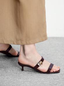CUCCOO BIZCHIC 女士鞋履 春夏新款棕色条纹露趾金属扣中跟凉鞋拖鞋 简约时尚舒适 日常百搭通勤女凉鞋 女鞋 - 咖啡棕 - 查看 5