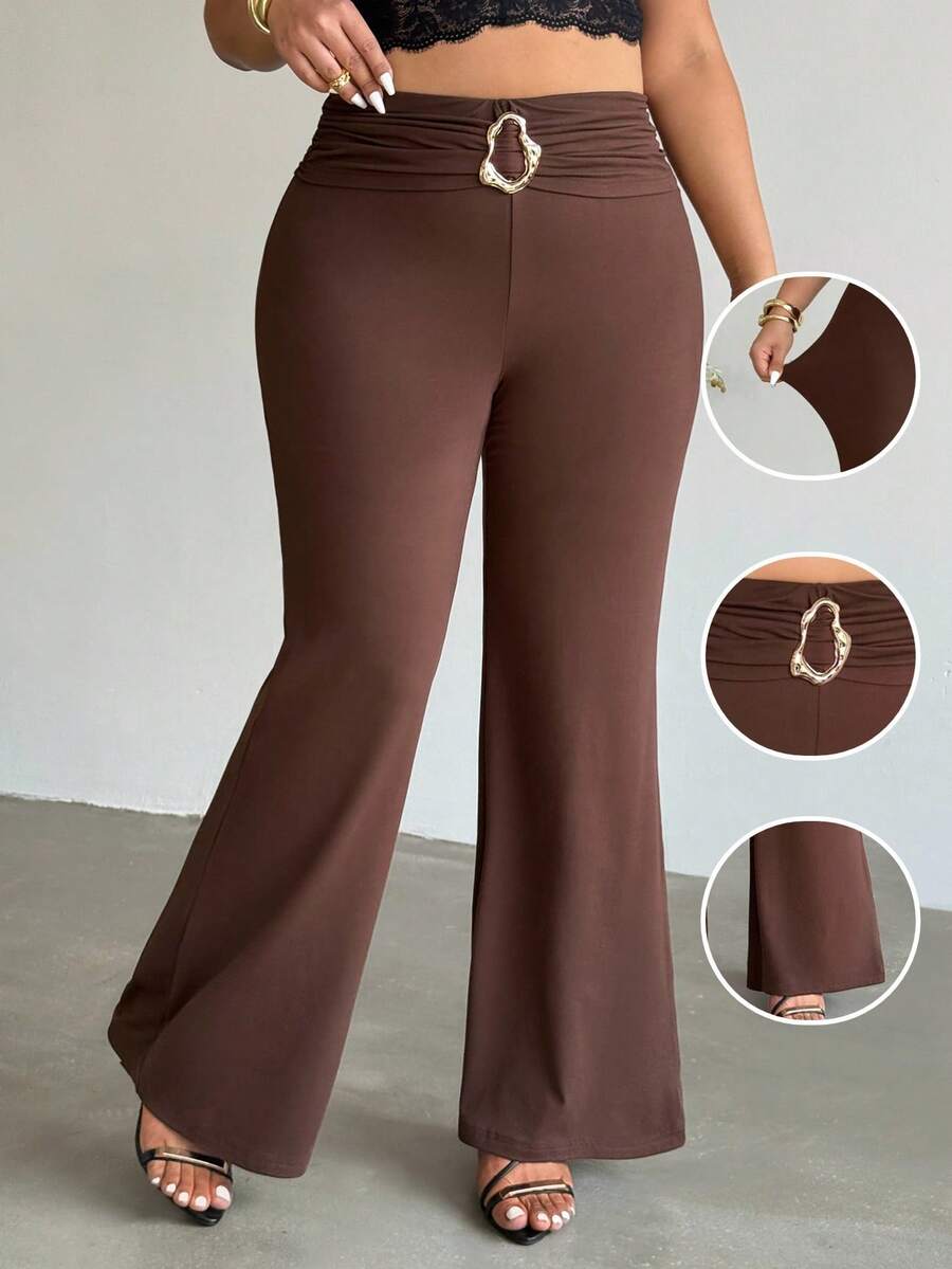 Firerie Quần legging ống loe cạp cao, màu trơn, cỡ lớn, đính kim loại. - Cà phê nâu - Xem 1
