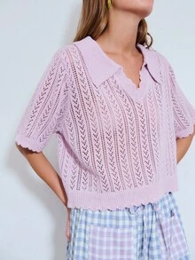 Nöista 薰衣草色针织上衣，短袖，Polo领，扇形边。适合春季、夏季穿着。 - 淡紫色 - 查看 5