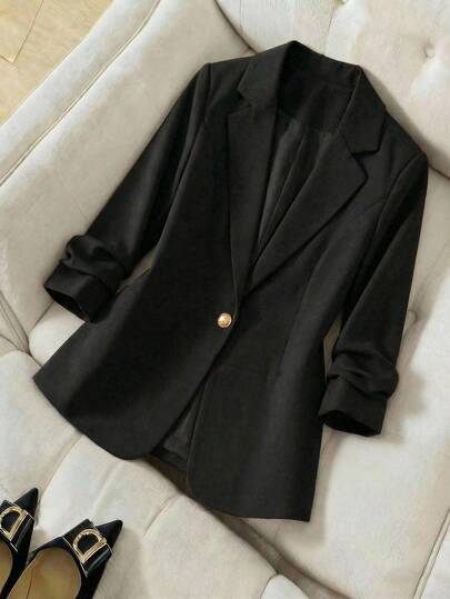 Saco Blazer Mujer Elegante Clásico  Corte con Faldón bajo un Botón Dorado Solapa Manga Larga Otoño Invierno Oficina Casual Saco elegante para mujer con faldón, diseño con solapa clásica, botón decorativo metálico, corte entallado, blazer formal casual, eventos, atuendo profesional, para el trabajo o eventos especiales