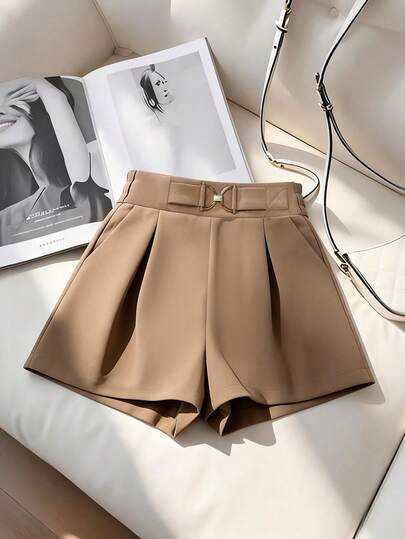 Franclia Petite 女士休闲通勤户外装，宽腰金属装饰宽松A字卡其色短裤，春夏款