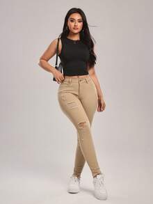 SHEIN Tall Women's Pocket Button Distressed Casual Versatile Daily Wear Denim Jeans - Apricot - View 7