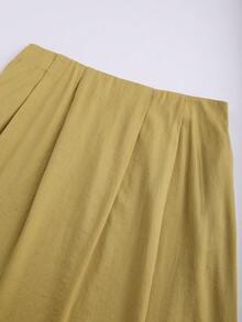 Franclia 大码女式纯色高腰褶裥A字长裙，优雅法式复古浪漫简约风格，适合办公室、通勤、商务、休闲、海滩、度假、街头风、下午茶、波西米亚风、中东风等场合，春夏新品上市 - 黃色 - 查看 3