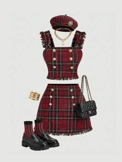 SHEIN MOD Plus Size Women Red & Black Plaid Cami Top And Skirt Elegant Set, Plaid Set, Tweed Two Pieces Set, Red Plaid, Women's Plaid Outfit, European Style Outfit, Women's Plaid Skirt Set, Beret Hat Outfit Picnic Outfit Women Europe Outfits Red Plaid Skirt