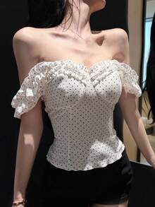 Joudiya 春夏时尚白色波点印花荷叶边单肩露脐修身短款上衣，休闲沙滩度假风女款T恤 - 白色 - 查看 6