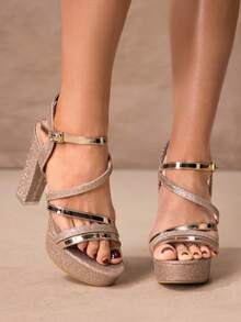 ROMWE Kawaii Women Platform High Heel Sandals, Fashionable Sexy Strap, Chunky Heel, Summer - Champagne - View 3