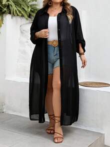 SHEIN CURVE+ Curve 尺码 US22 音乐节、海滨度假、波西米亚风女士黑色长款开衫，纽扣开衫，黑色长款开衫，沙滩度假 - 黑色 - 查看 5