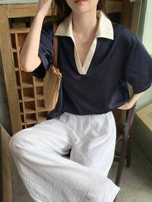DAZY 女士翻领撞色短袖衬衫 夏季 - 藍色 - 查看 1