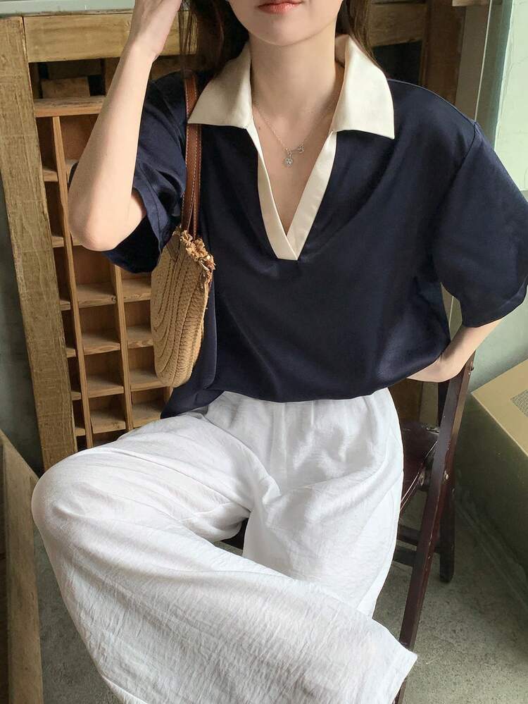 Women's Turndown Collar Color Block Short Sleeve Shirt Summer