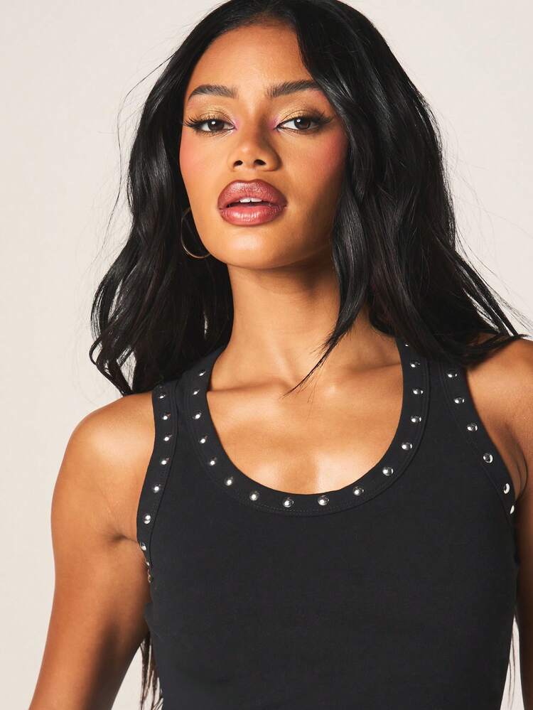 MISSGUIDED Black Scoop Neck Tank Top With Silver Stud Detailing Sleeveless Tank Top Summer Casual Edgy Rock Style Metallic Embellishment