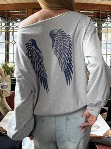 Livesso Women's Wing Print Oblique Shoulder Long Sleeve Casual Loose Sweatshirt - Grey - View 1