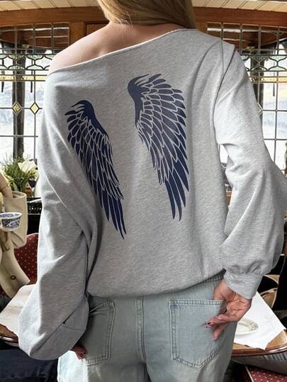Livesso Women's Wing Print Oblique Shoulder Long Sleeve Casual Loose Sweatshirt