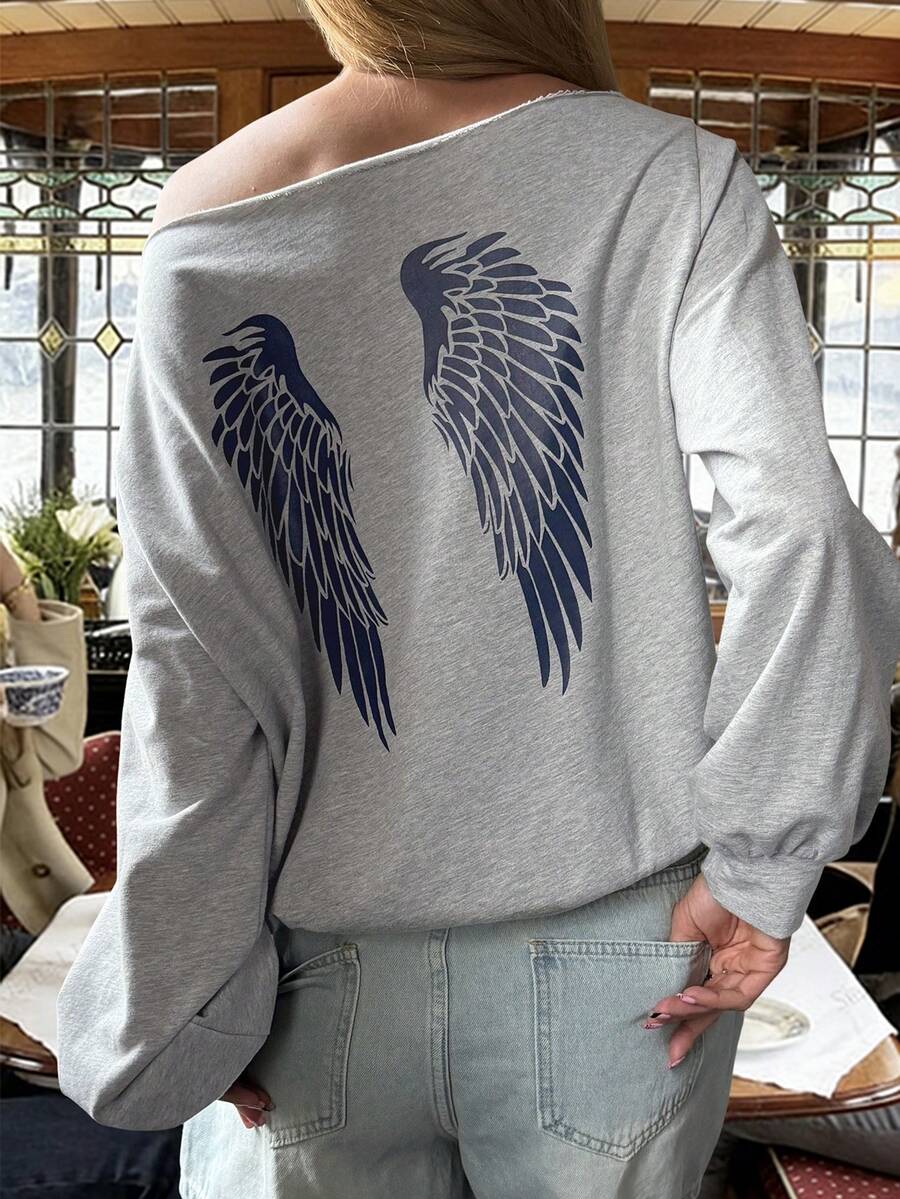 Livesso Women's Wing Print Oblique Shoulder Long Sleeve Casual Loose Sweatshirt - Grey - View 1