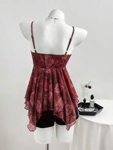 Elamini Vintage Perris Floral Sequin Asymmetric Hem Camisole Patchwork Lace Trim Women Tank Top, Spring/Summer - Red - View 2