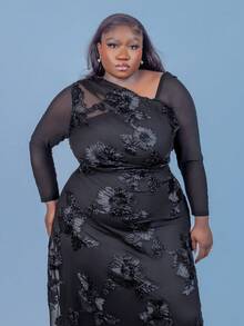 CurvyTilda Plus Size Women's Elegant Minimalist Chic Fashion Basic Everyday Wear Ins Style Office Commute Influencer Music Festival Embroidered Stretch Mesh Asymmetrical Neck Ruched Bodycon Slim Fit Long Sleeve Maxi Dress/New Year, For Hourglass Body Shape - Black - View 6