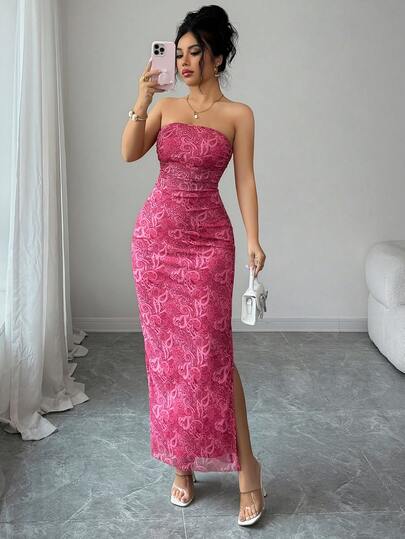 Rafferiza Đầm dự tiệc không dây vai, xẻ tà, chất liệu lưới, xếp ly, in họa tiết tie-dye, thắt eo, thanh lịch dành cho nữ.