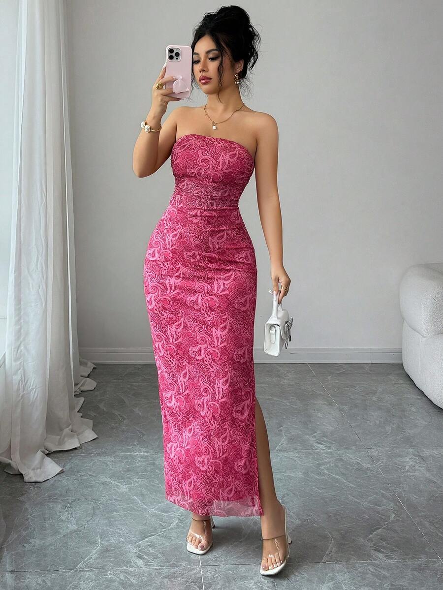 Rafferiza 女士优雅褶皱扎染网纱印花收腰无肩带开衩派对连衣裙 - 玫紅色 - 查看 1